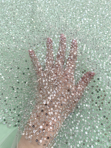 Dantela Couture Argintie pe Tulle Verde Menta cu Model General, cu Margele si Paiete