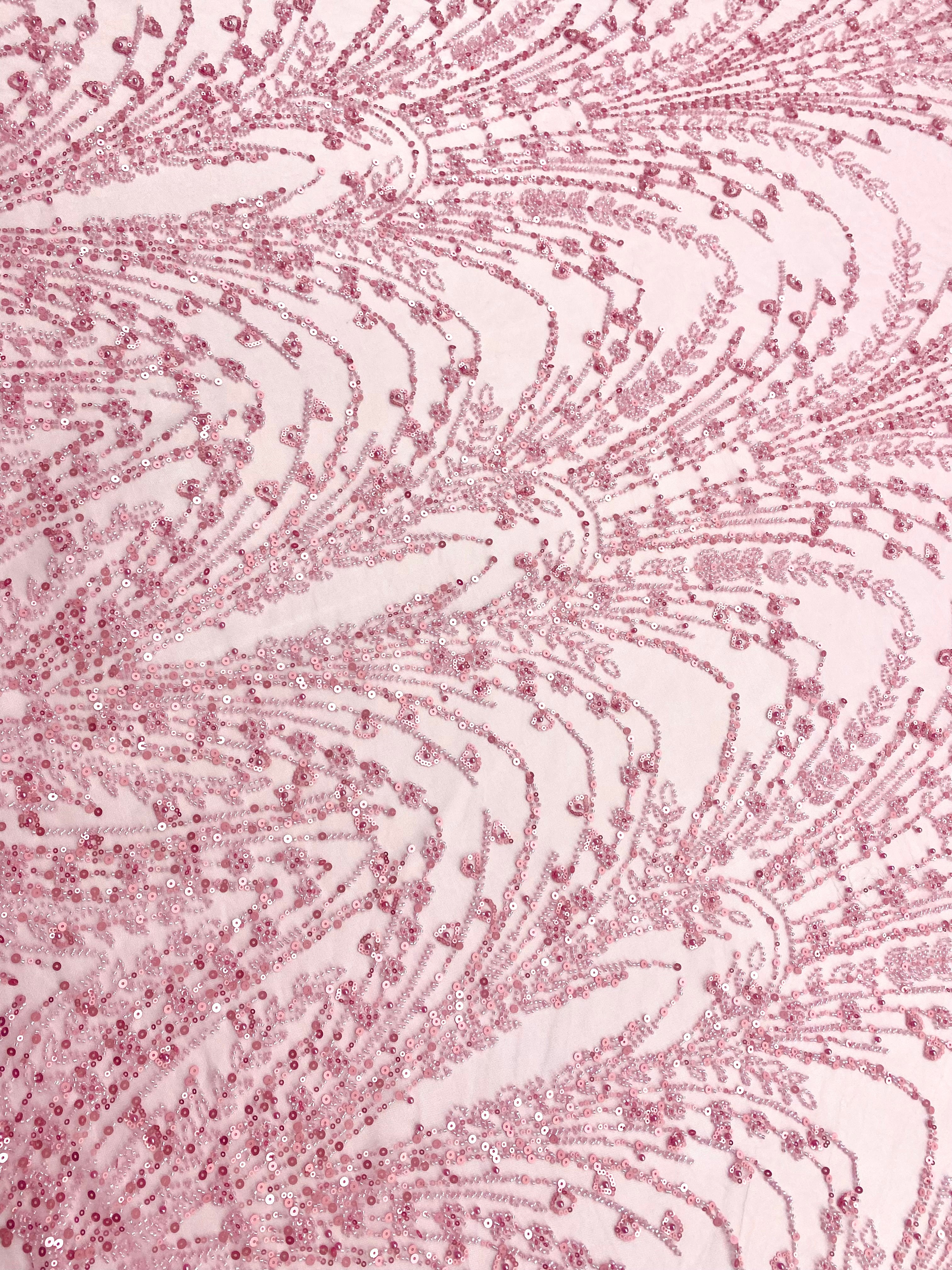 Dantela Couture Roz cu Model Geometric, cu Perle, Margele si Paiete