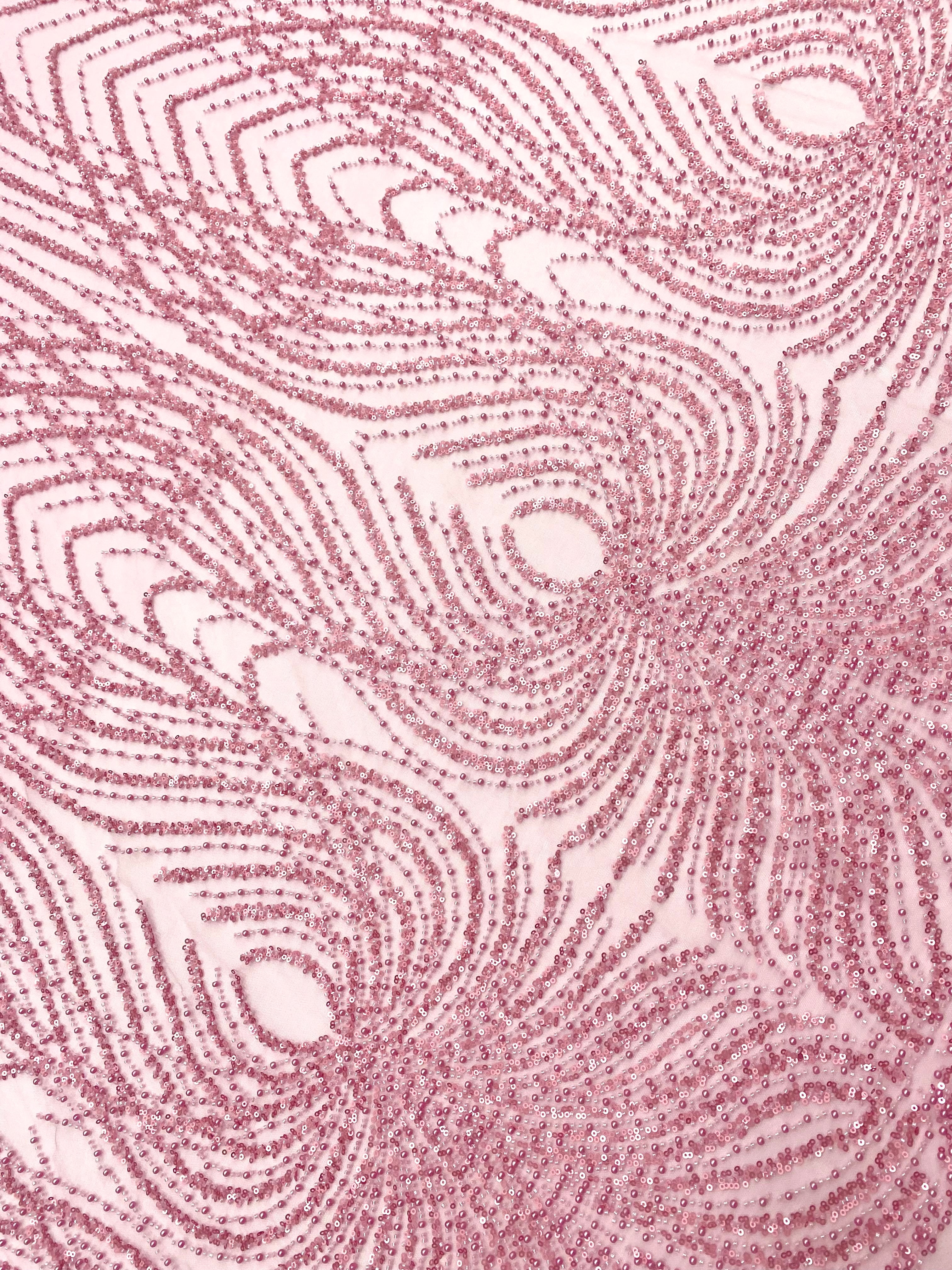 Dantela Couture Roz cu Panou, cu Perle, Margele si Paiete