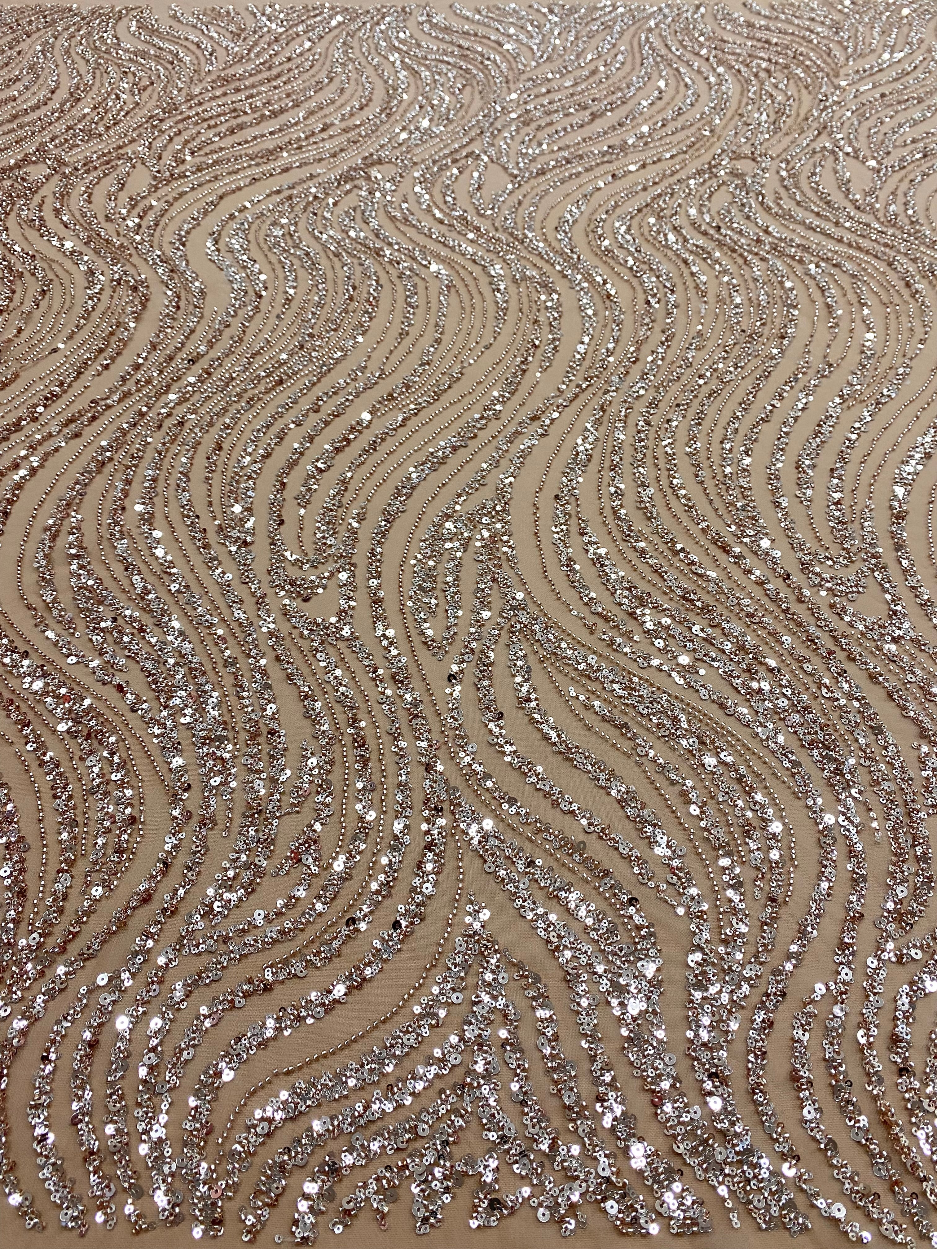 Dantela Couture Auriu Rose cu Model Liniar, cu Margele si Paiete