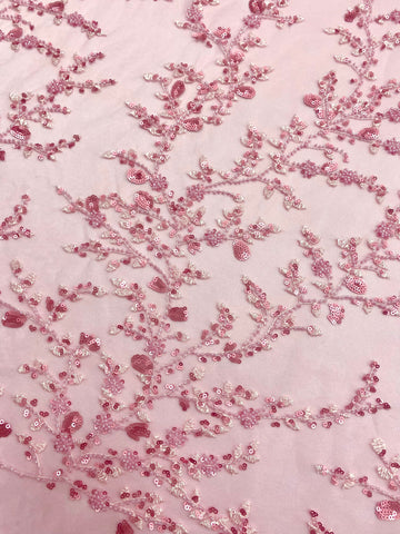 Dantela Couture Roz cu Model Floral, cu Margele si Paiete