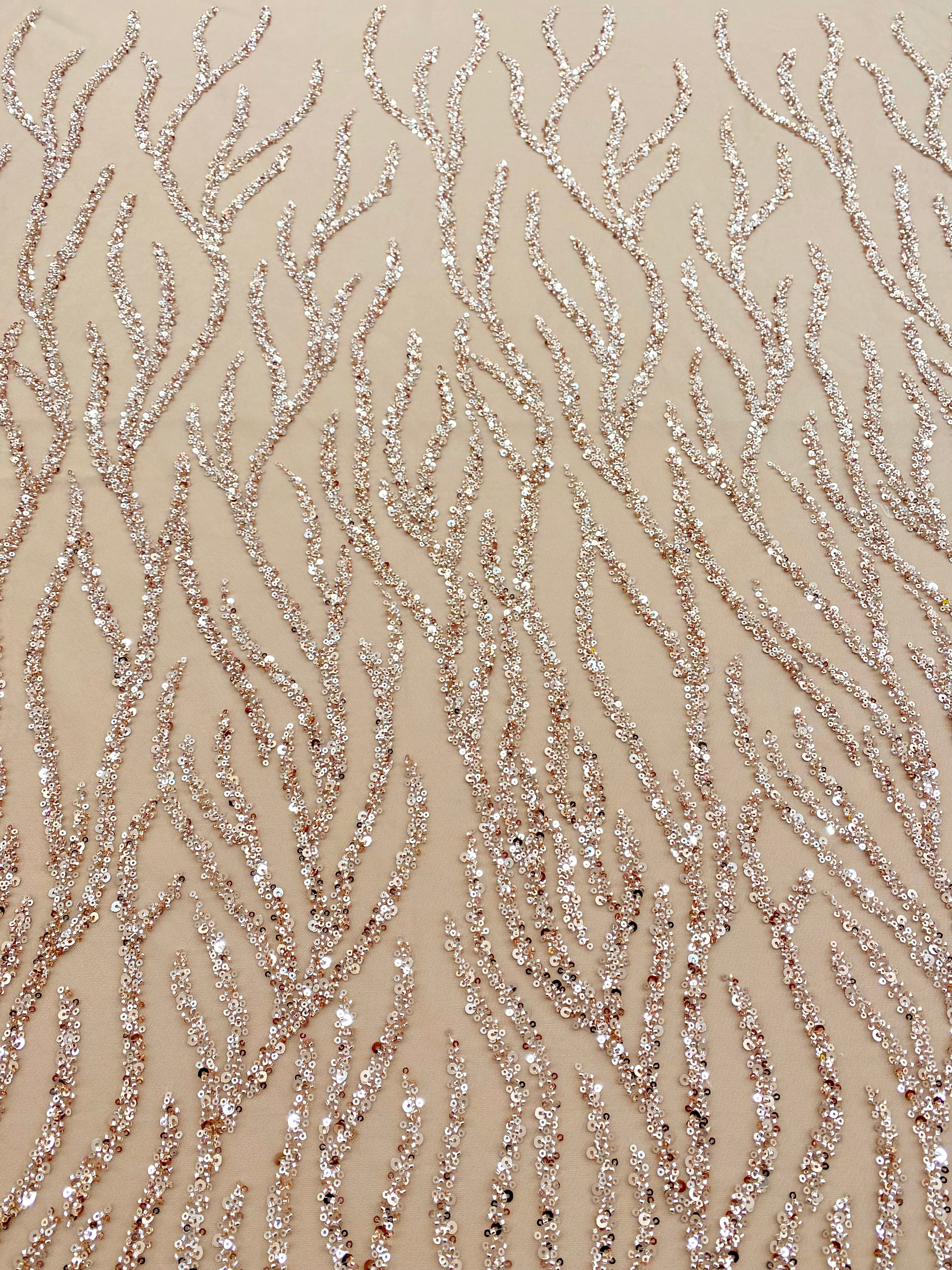 Dantela Couture Auriu Rose cu Siraguri, cu Margele si Paiete