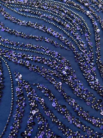 Dantela Couture Bleumarin cu Model Liniar, cu Margele si Paiete