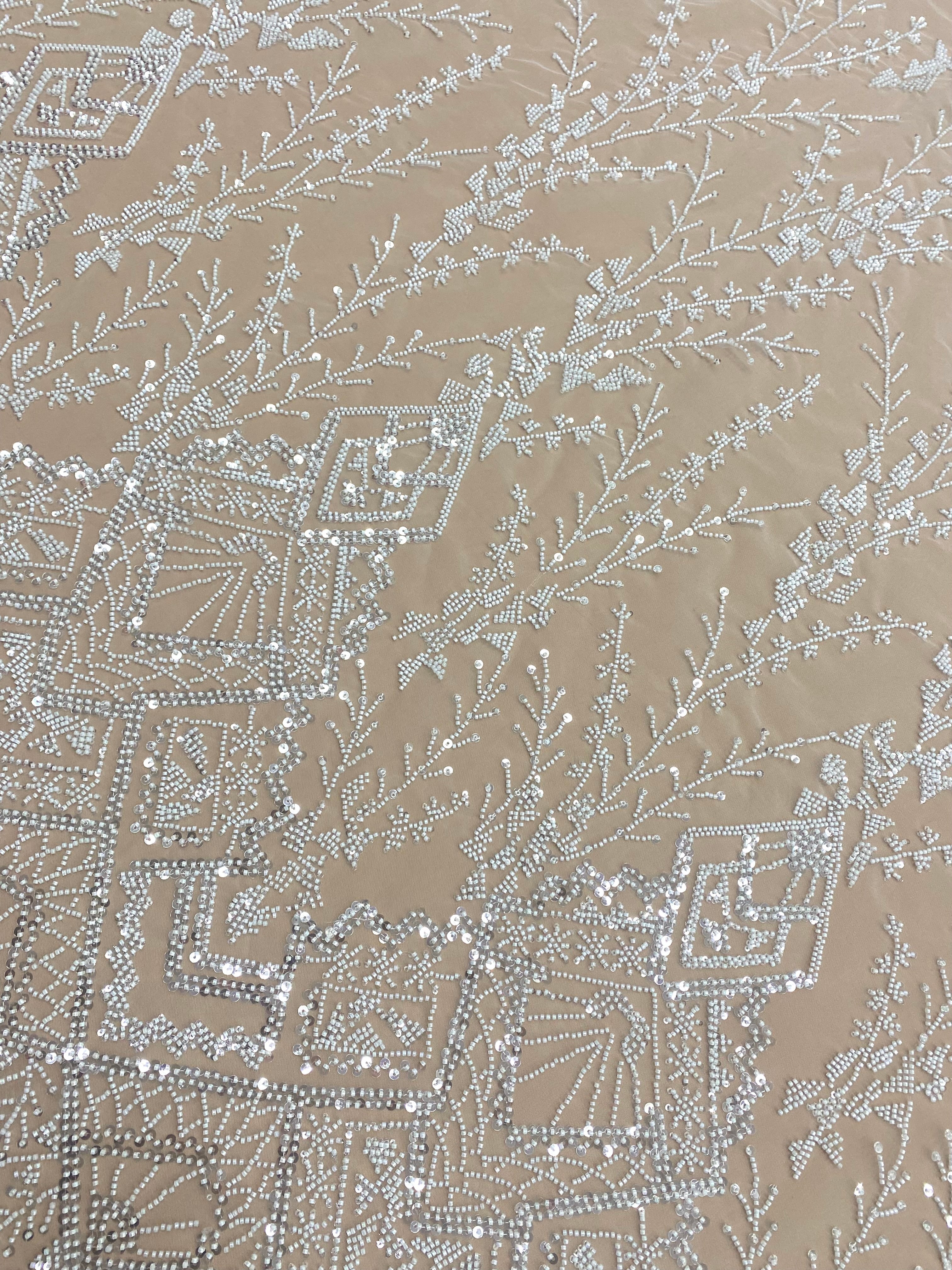 Dantela Couture Ivory cu Model Geometric, cu Margele si Paiete