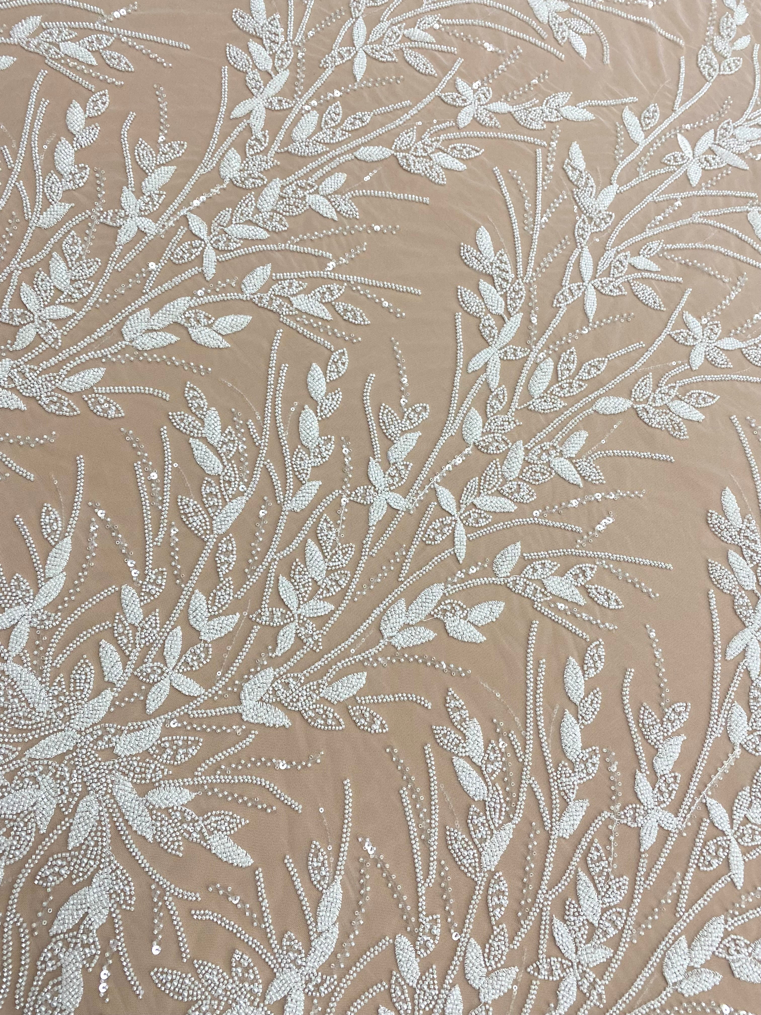 Dantela Couture Ivory cu Model Floral, Perle, Margele si Paiete