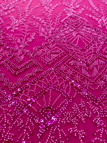 Dantela Couture Fucsia cu Model Geometric, cu Margele si Paiete