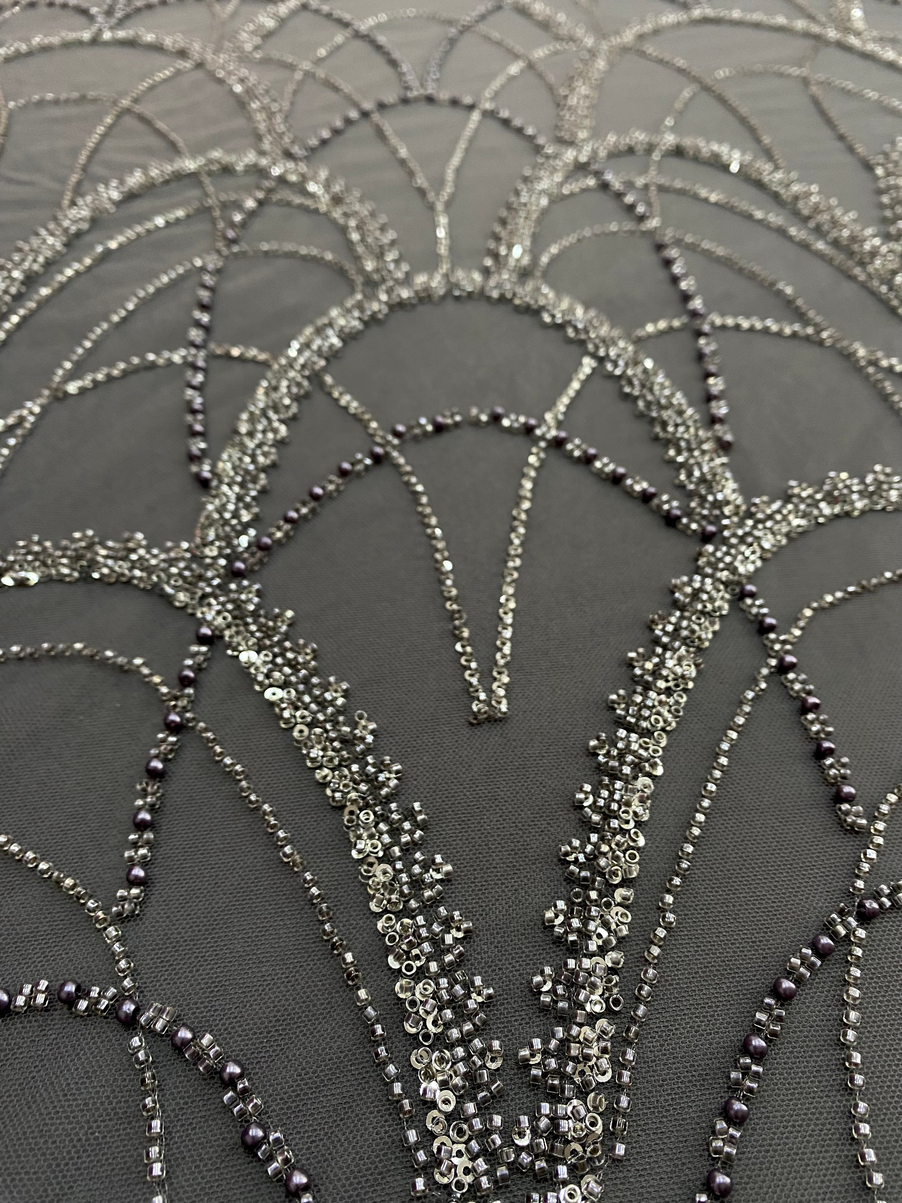 Dantela Couture Gri Antracit cu Model Geometric, cu Perle, Margele si Paiete