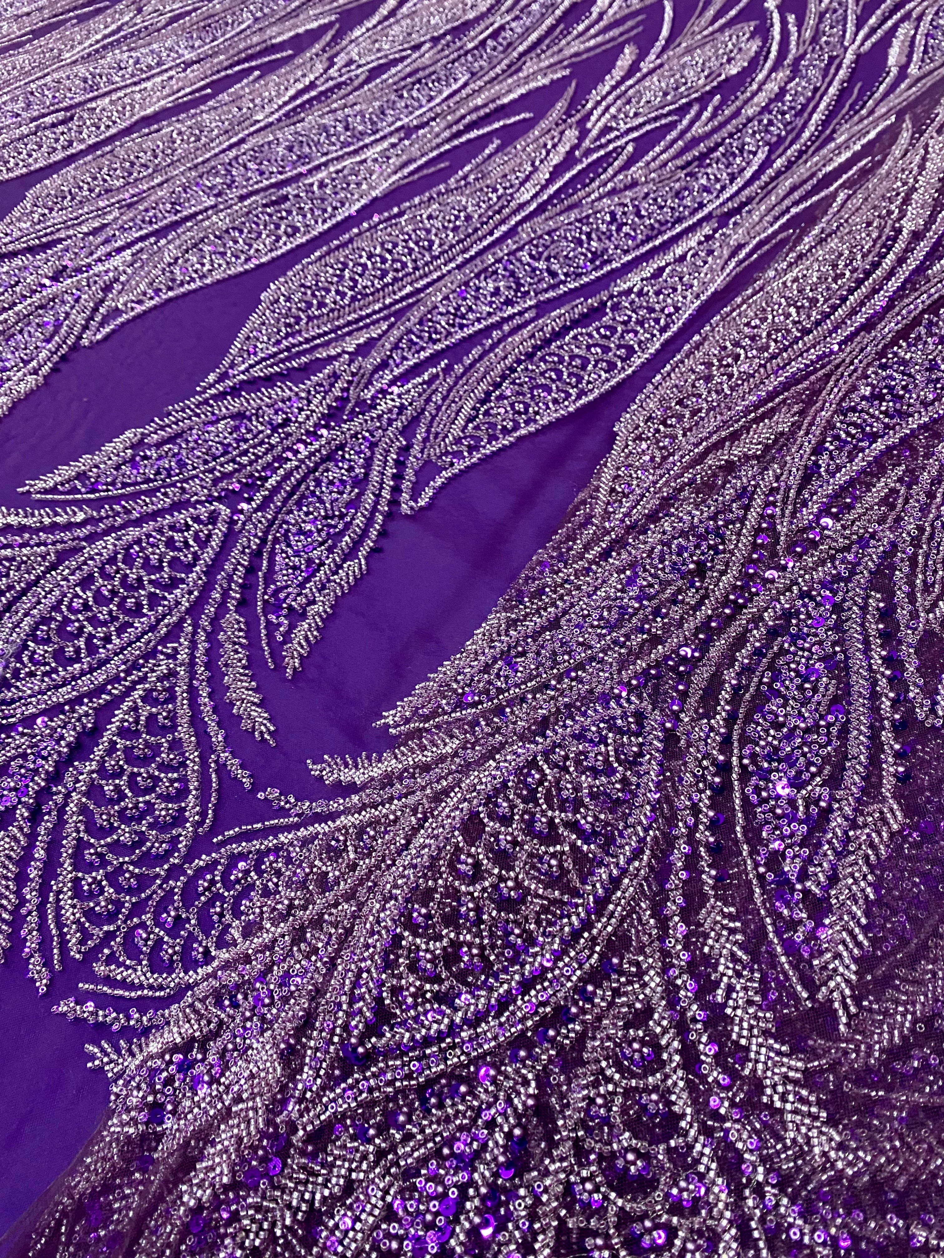 Dantela Couture Mov Inchis cu Panou, cu Perle, Margele si Paiete