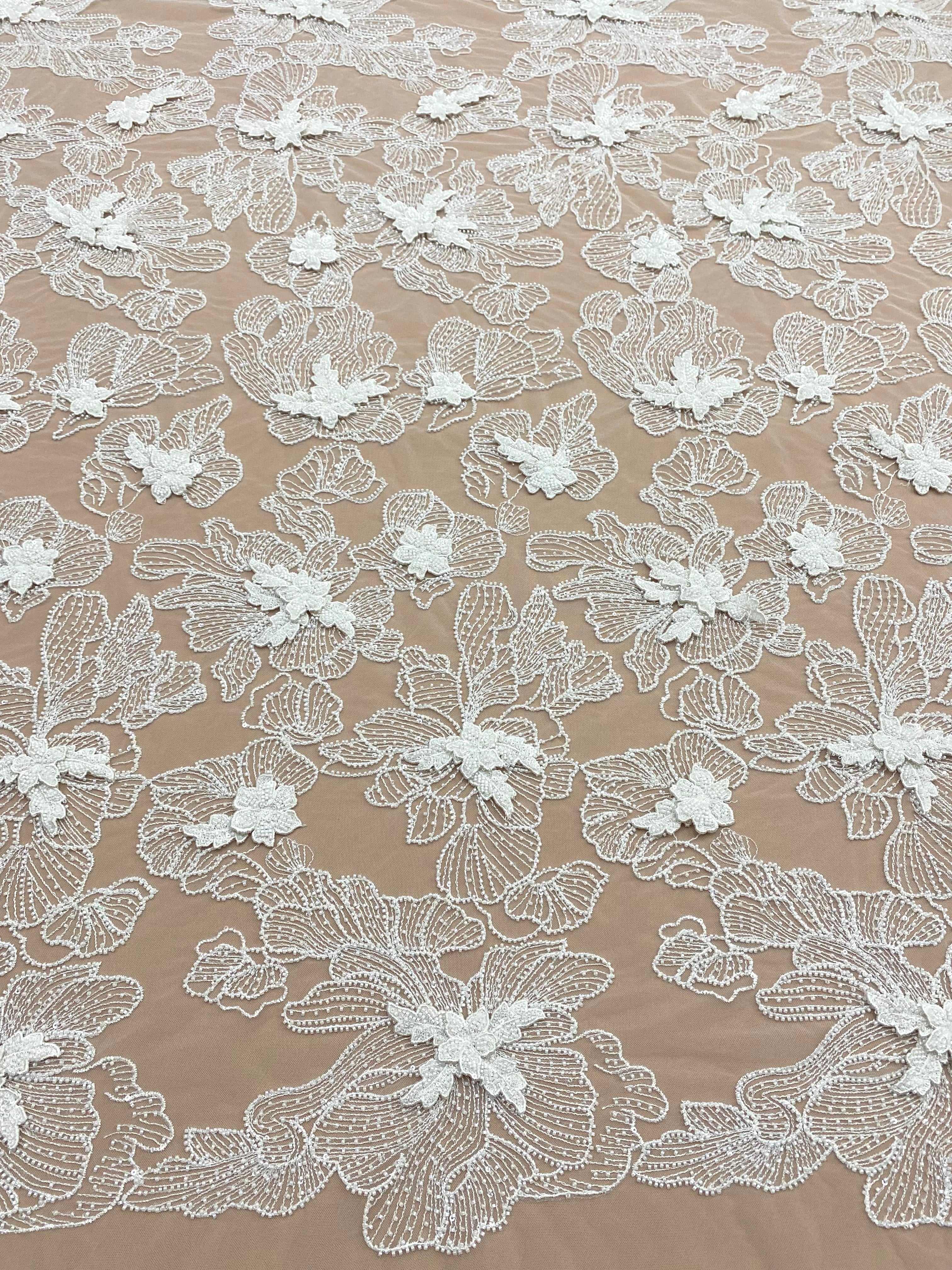 Dantela Couture 3D cu Flori Ivory, cu Margele si Paiete