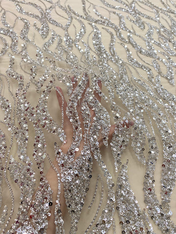 Dantela Couture Argintie cu Siraguri, cu Margele si Paiete
