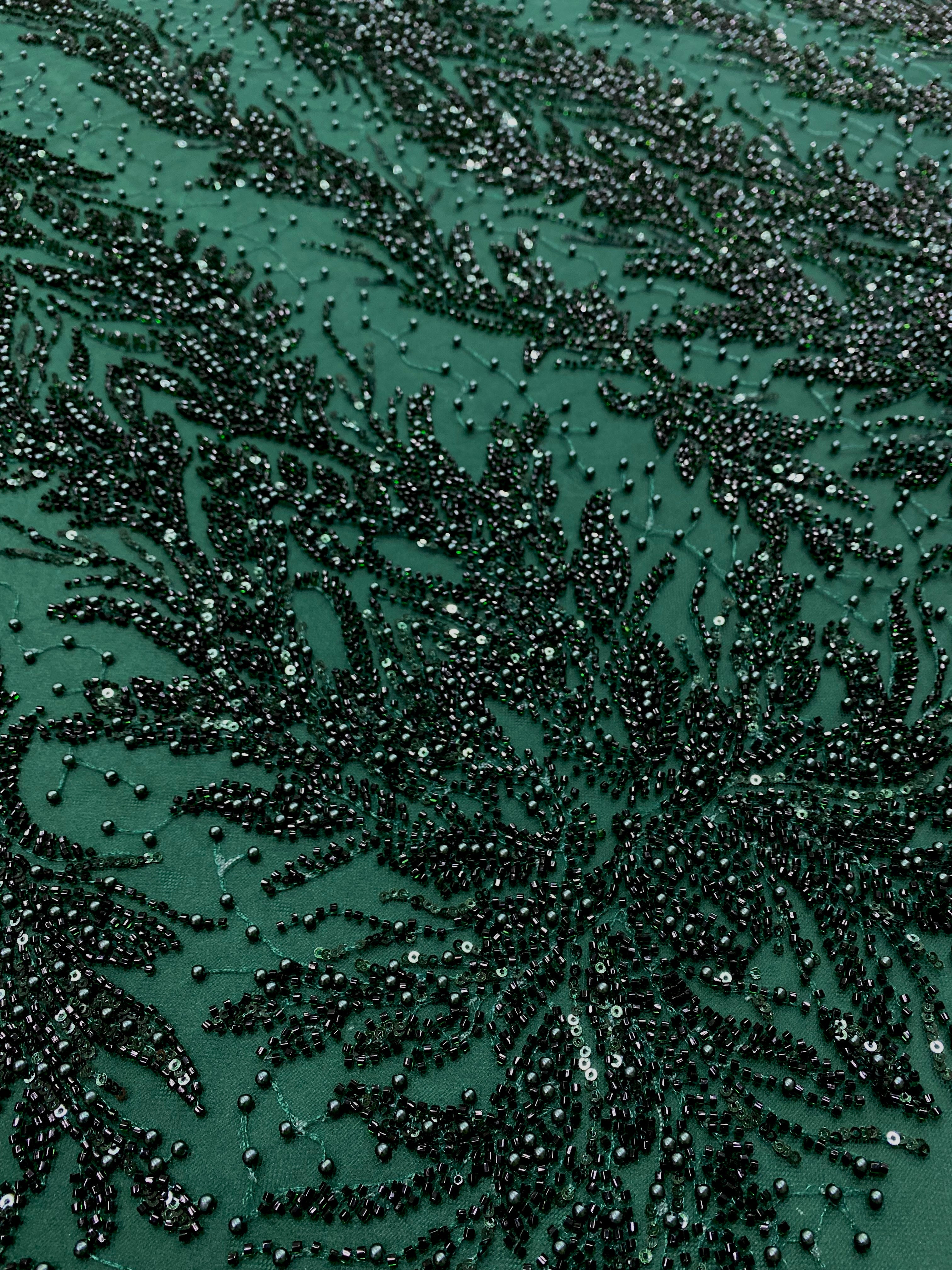 Dantela Couture Verde Inchis cu Model Simetric, cu Perle, Margele si Paiete