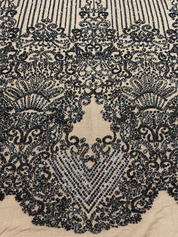 Dantela Couture Neagra cu Model Geometric, cu Perle, Margele si Paiete