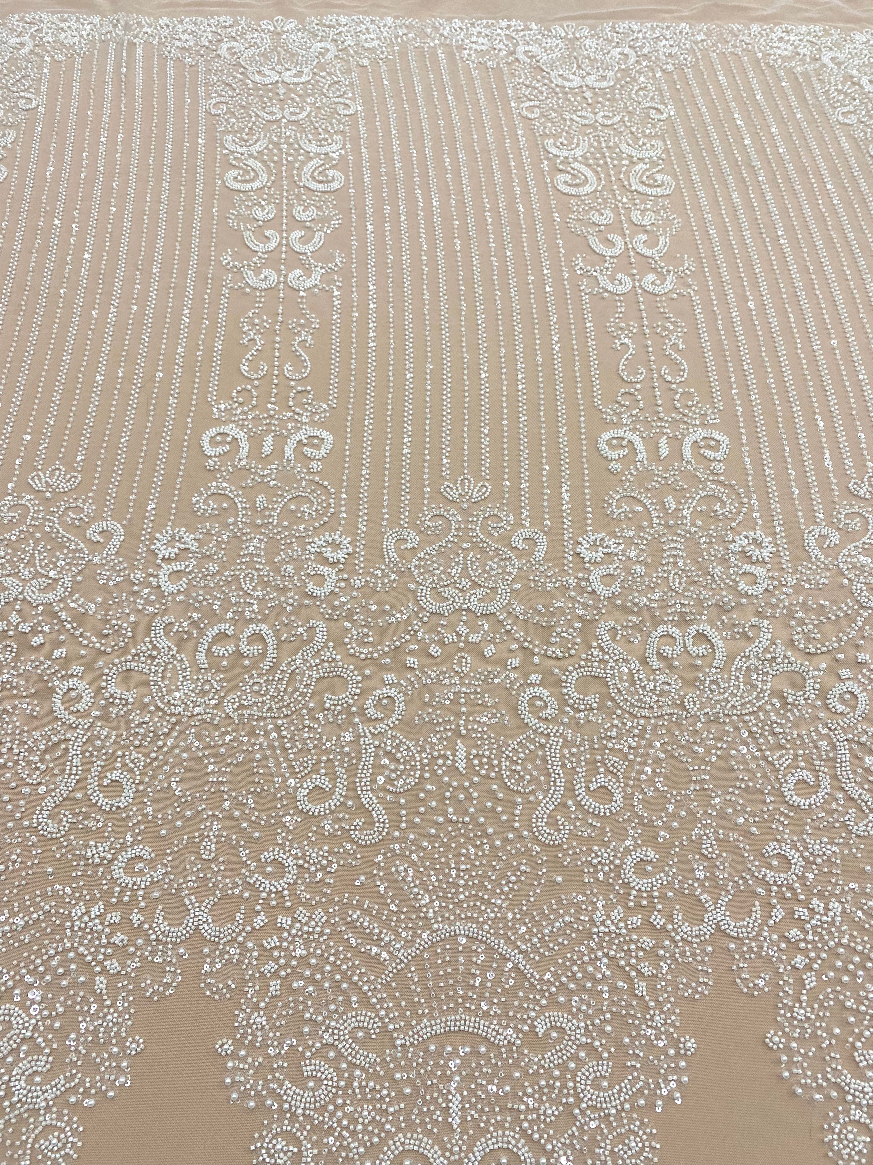 Dantela Couture Ivory cu Model Geometric, cu Perle, Margele si Paiete