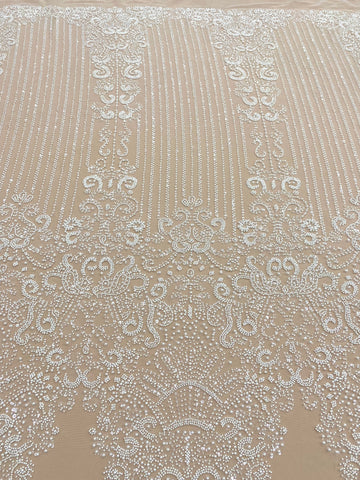 Dantela Couture Ivory cu Model Geometric, cu Perle, Margele si Paiete