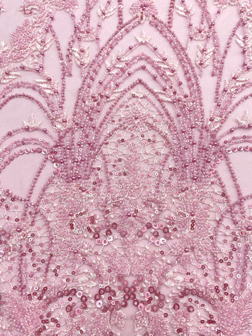 Dantela Couture Roz cu Model Geometric, cu Perle, Margele si Paiete