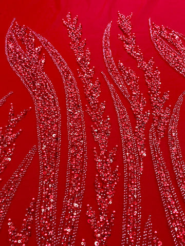 Piros Couture csipke geometriai mintával, gyöngyökkel, gyöngyöcskékkel és flitterekkel