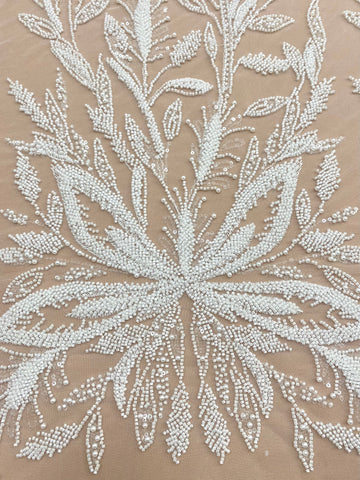 Dantela Couture Ivory cu Model Floral, cu Perle, Margele si Paiete