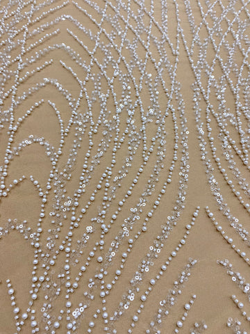 Dantela Couture Ivory cu Tulle Nude cu Panou, cu Perle, Margele si Paiete