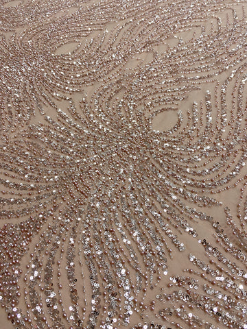 Dantela Couture Auriu Rose cu Panou, cu Perle, Margele si Paiete