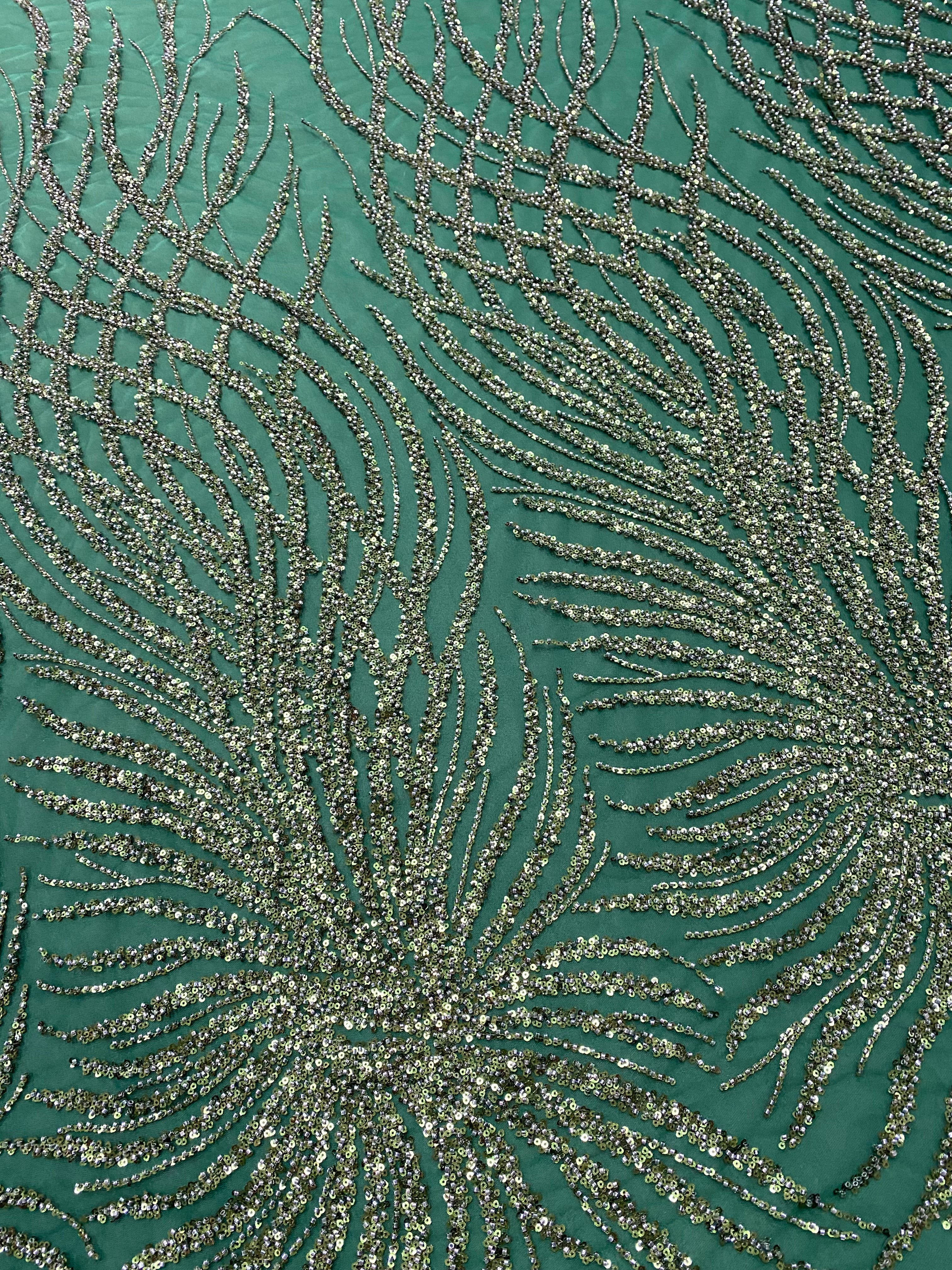 Dantela Couture Verde Smarald cu Siraguri, cu Margele si Paiete