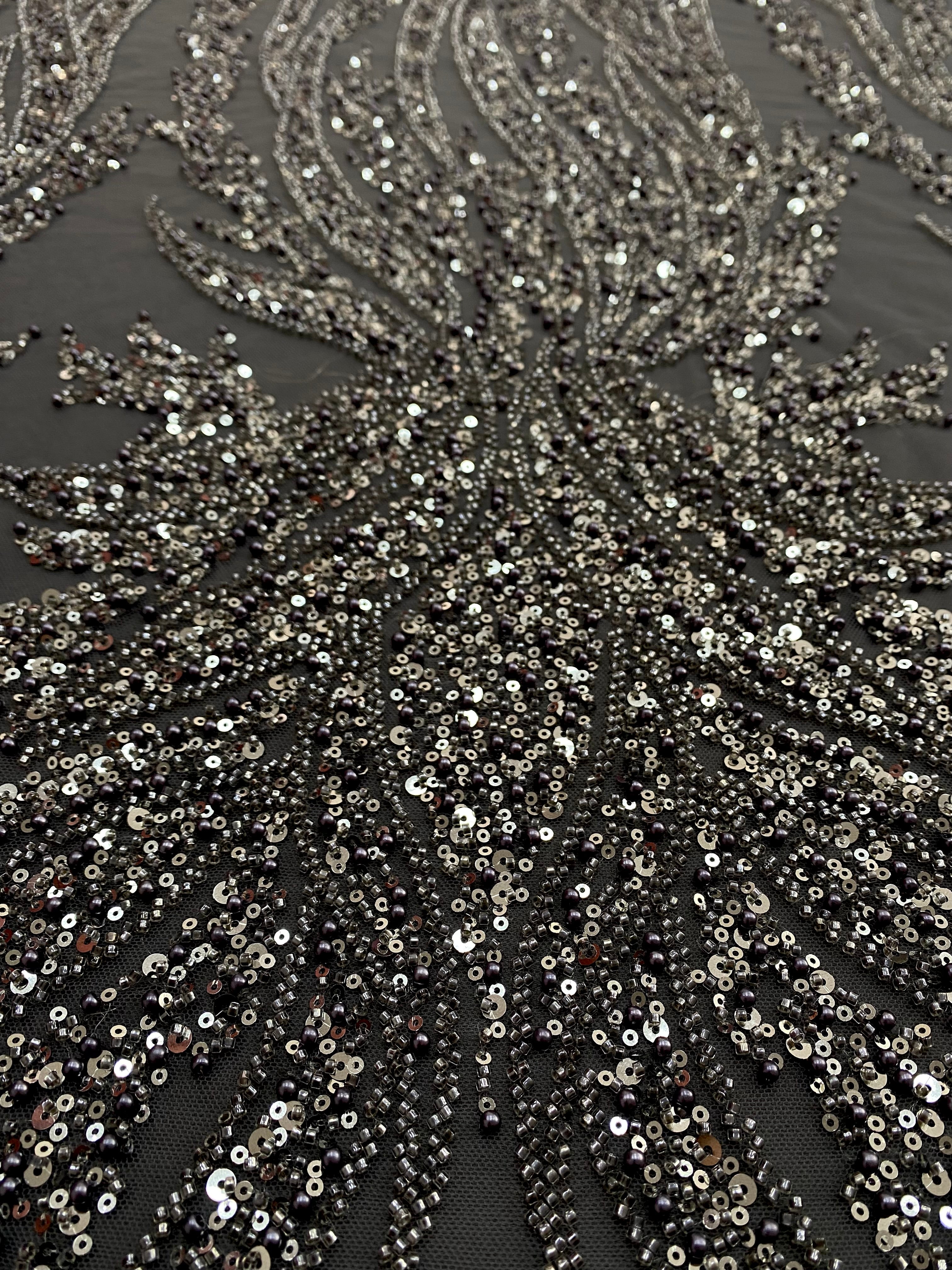 Dantela Couture Gri Antracit cu Panou, cu Perle, Margele si Paiete