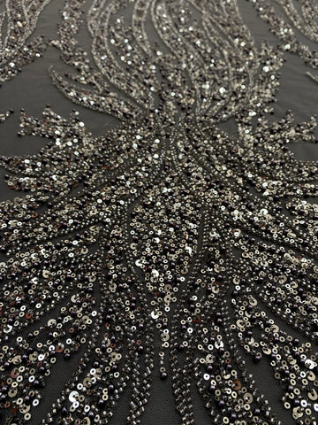 Dantela Couture Gri Antracit cu Panou, cu Perle, Margele si Paiete