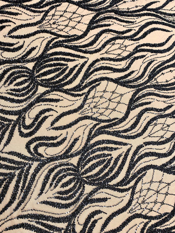 Dantela Couture Neagra cu Model Geometric, cu Margele si Paiete