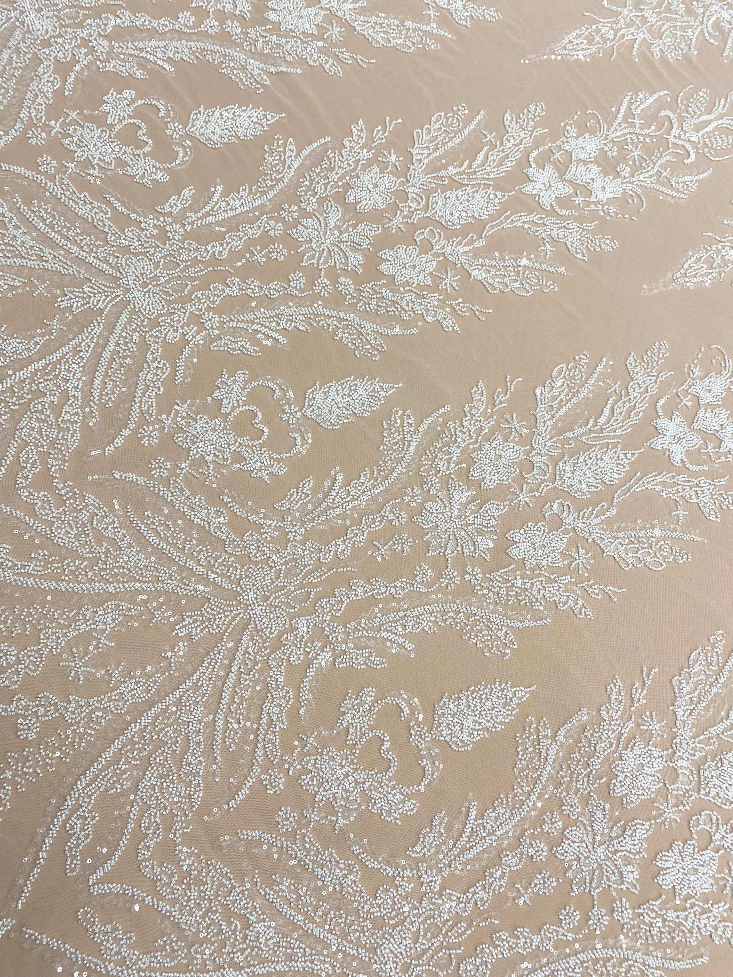 Dantela Couture Ivory cu Model Floral, cu Margele si Paiete