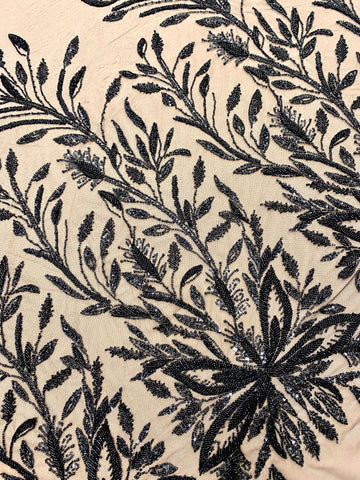 Dantela Couture Neagra cu Model Floral, cu Perle, Margele si Paiete