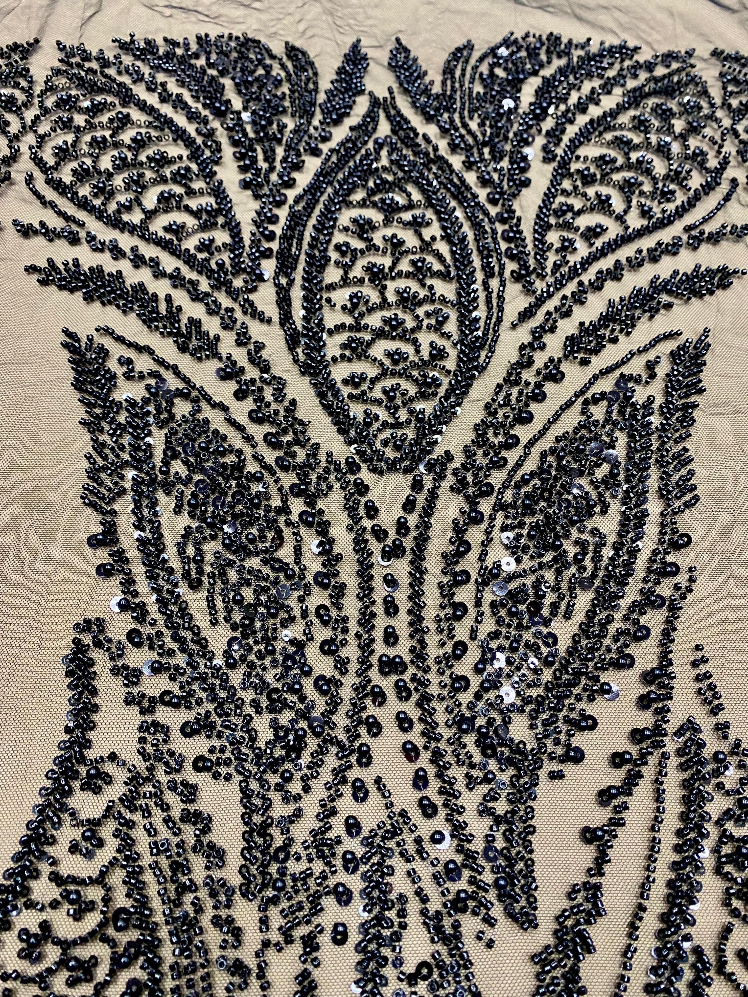 Dantela Couture Neagra cu Panou, cu Perle, Margele si Paiete