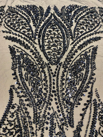 Dantela Couture Neagra cu Panou, cu Perle, Margele si Paiete