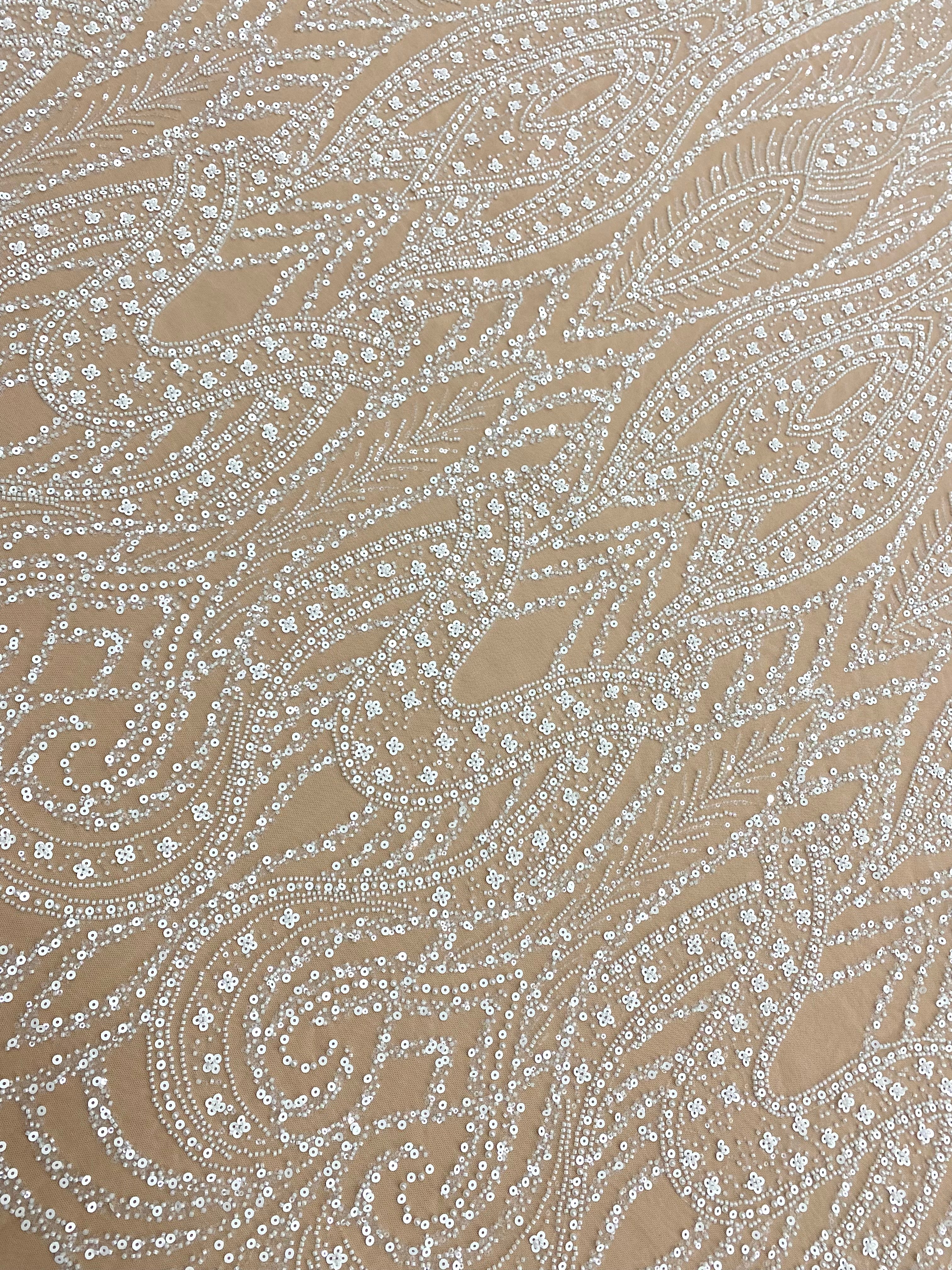 Dantela Couture Ivory cu Model Geometric, cu Perle, Margele si Paiete