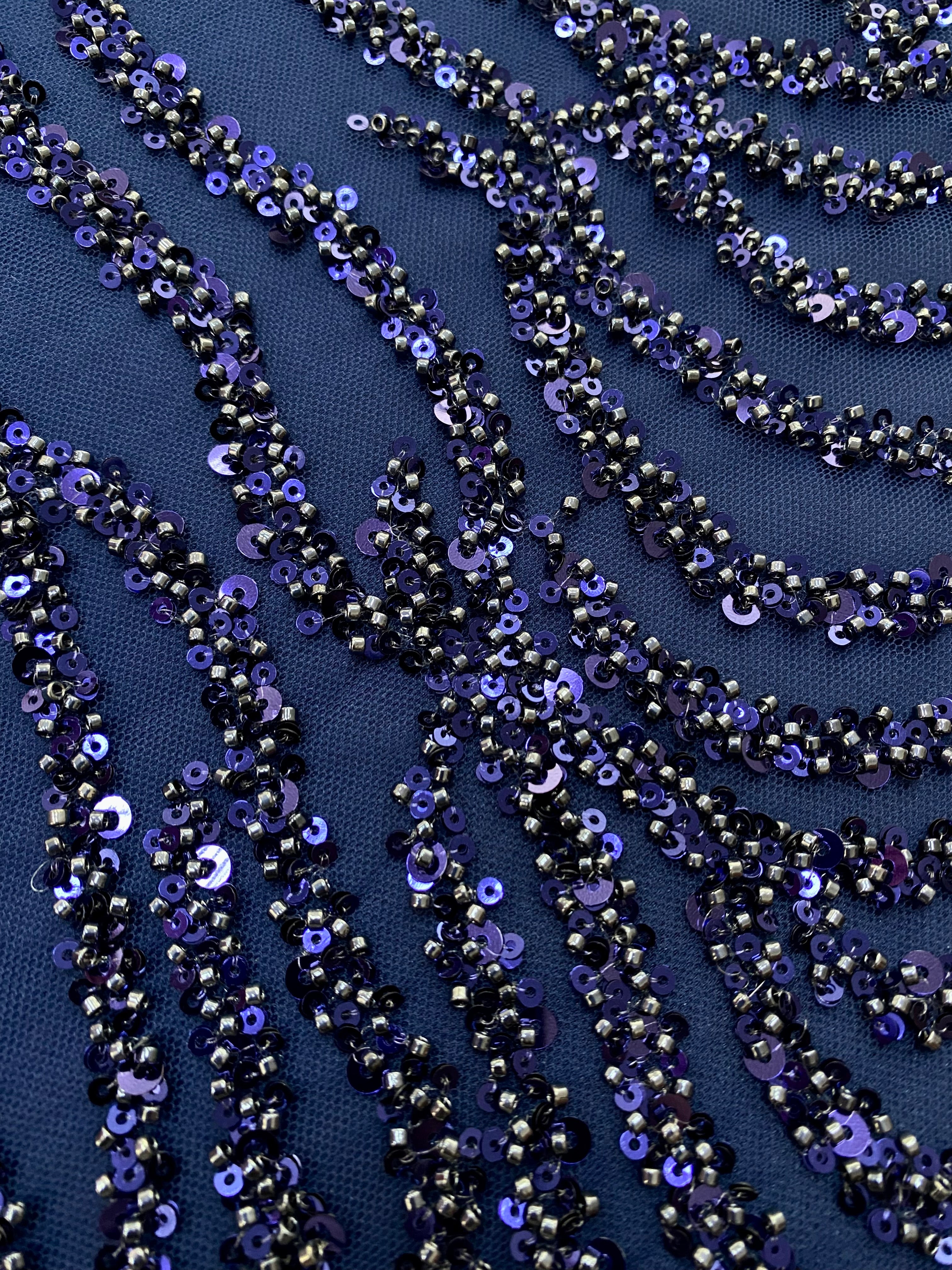 Dantela Couture Bleumarin cu Siraguri, cu Margele si Paiete