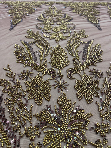 Dantela Couture Antik Arany Virágmintás, Gyöngyökkel és Flitterekkel