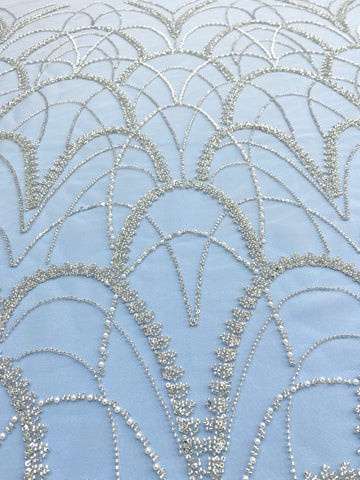 Dantela Couture Argintie cu Tulle Baby Blue cu Model Geometric, cu Perle, Margele Si Paiete
