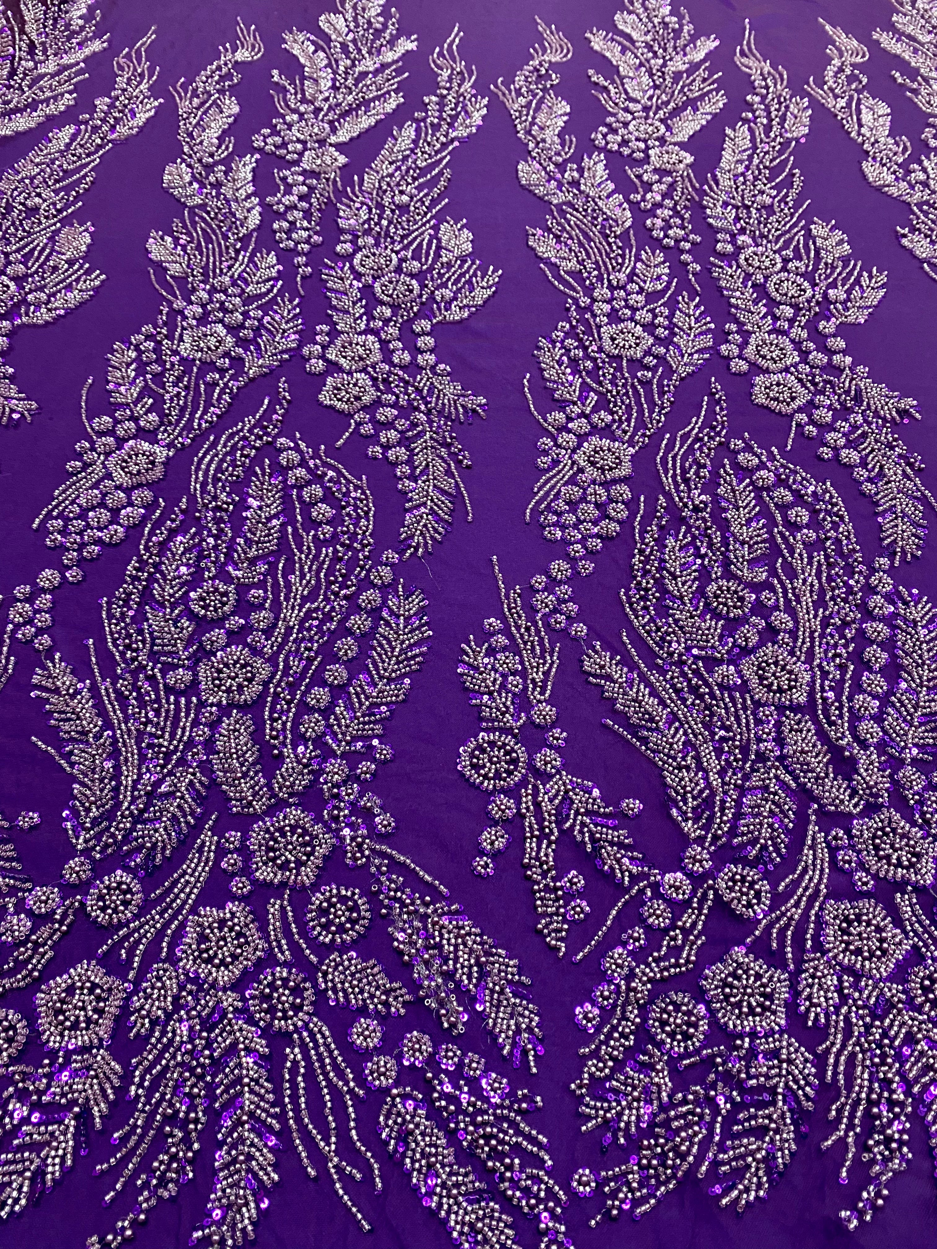 Dantela Couture Mov Inchis cu Model Floral, Perle, Margele si Paiete