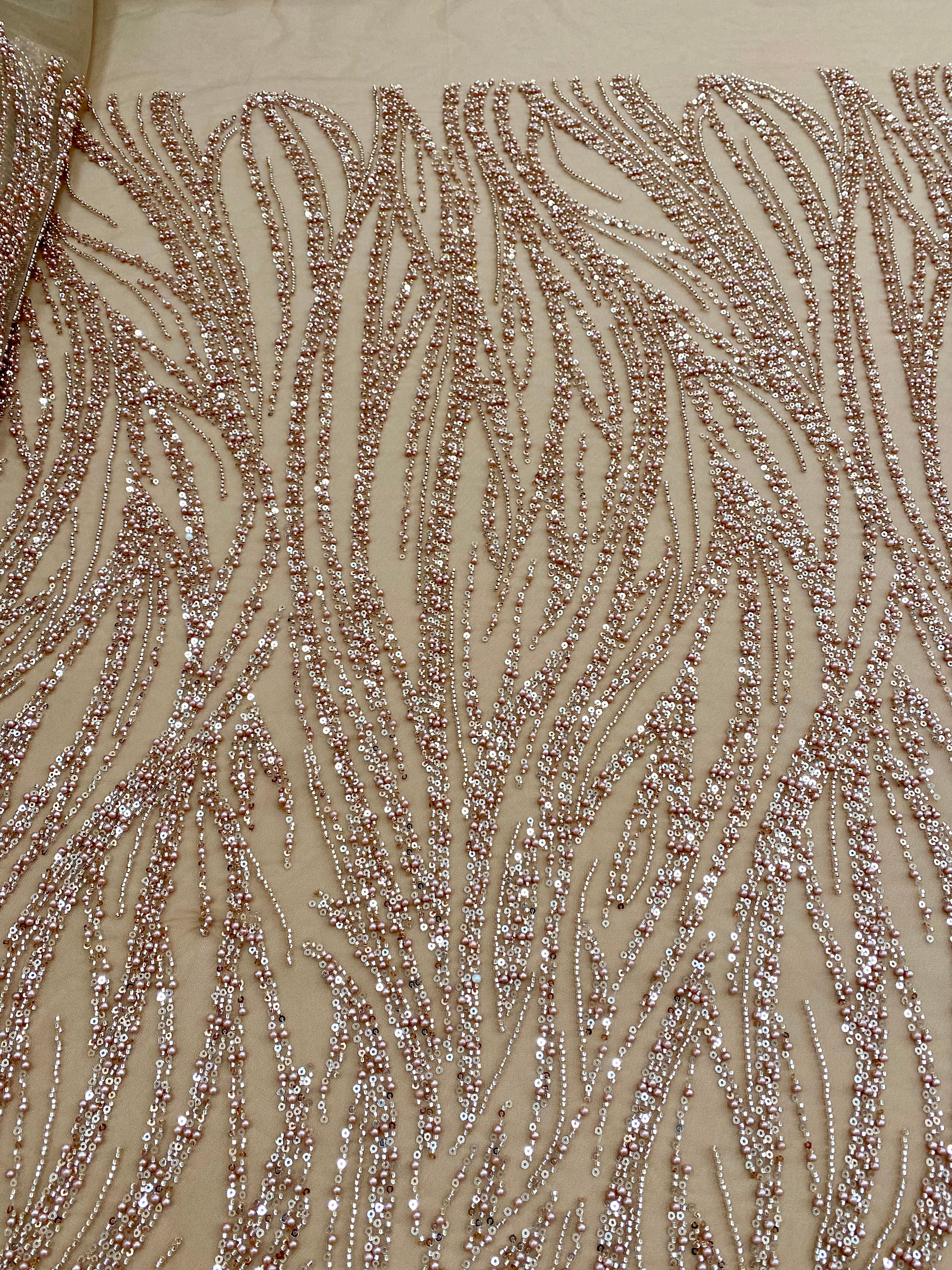 Dantela Couture Auriu Rose cu Model Liniar, cu Margele si Paiete