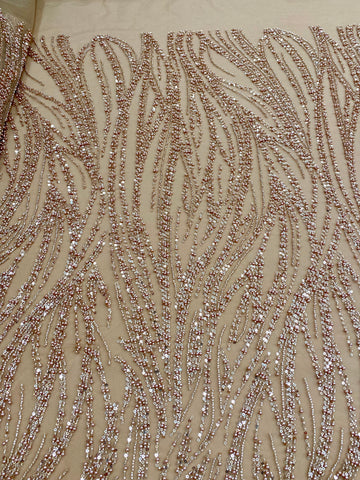 Dantela Couture Auriu Rose cu Model Liniar, cu Margele si Paiete