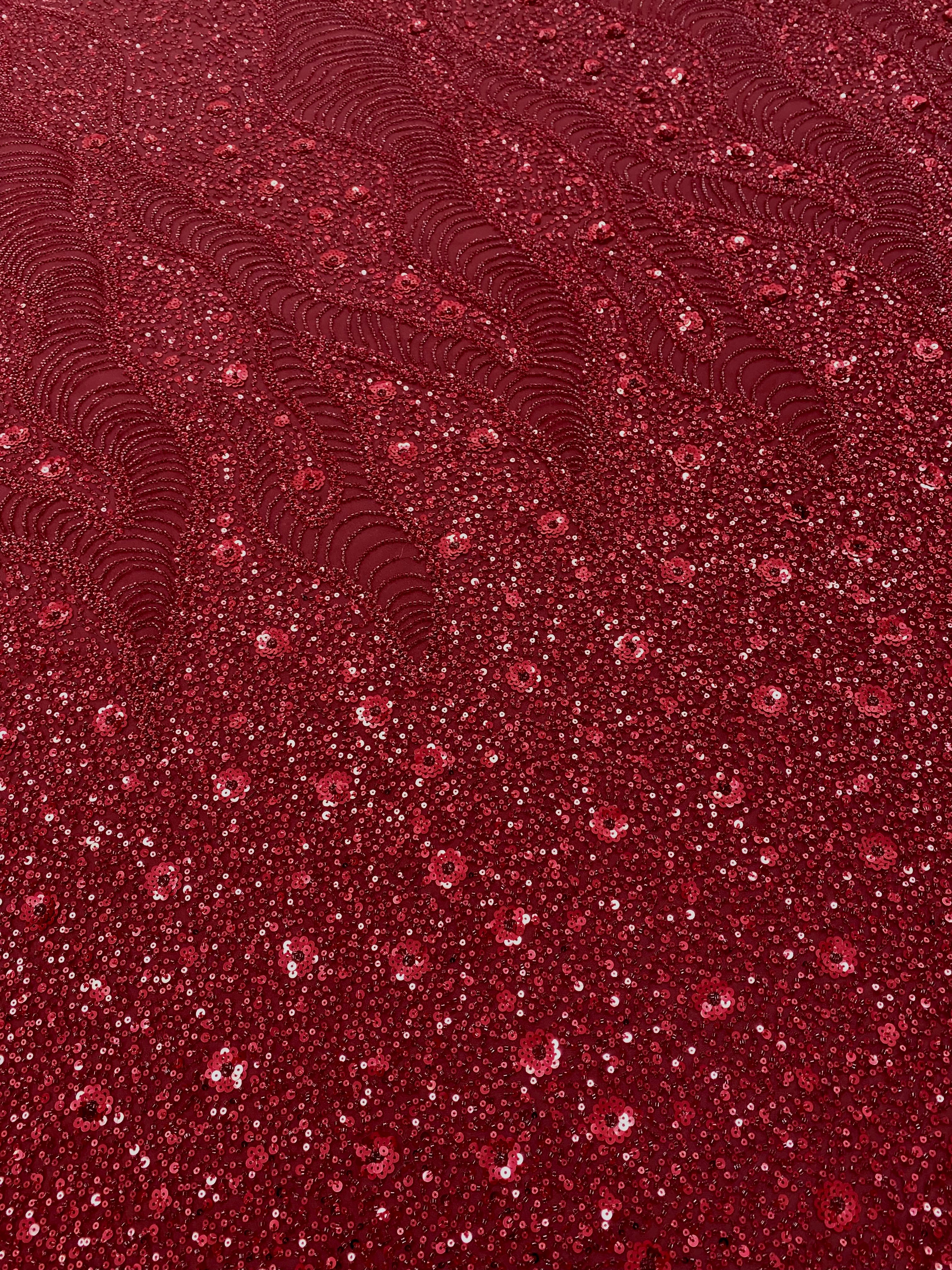 Dantela Couture Bordeaux cu Model Geometric si Flori, cu Margele si Paiete