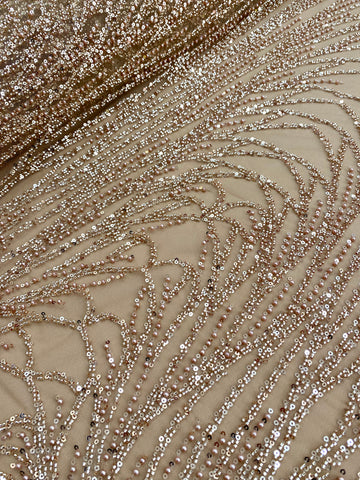 Dantela Couture Auriu Rose cu Model Liniar, cu Margele si Paiete