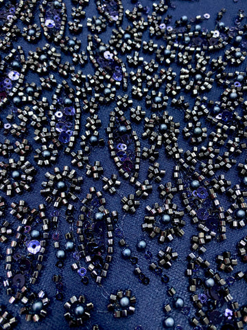 Dantela Couture Bleumarin cu Panou, cu Perle, Margele si Paiete