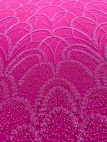 Dantela Couture Fucsia cu Model Geometric, cu Perle, Margele si Paiete