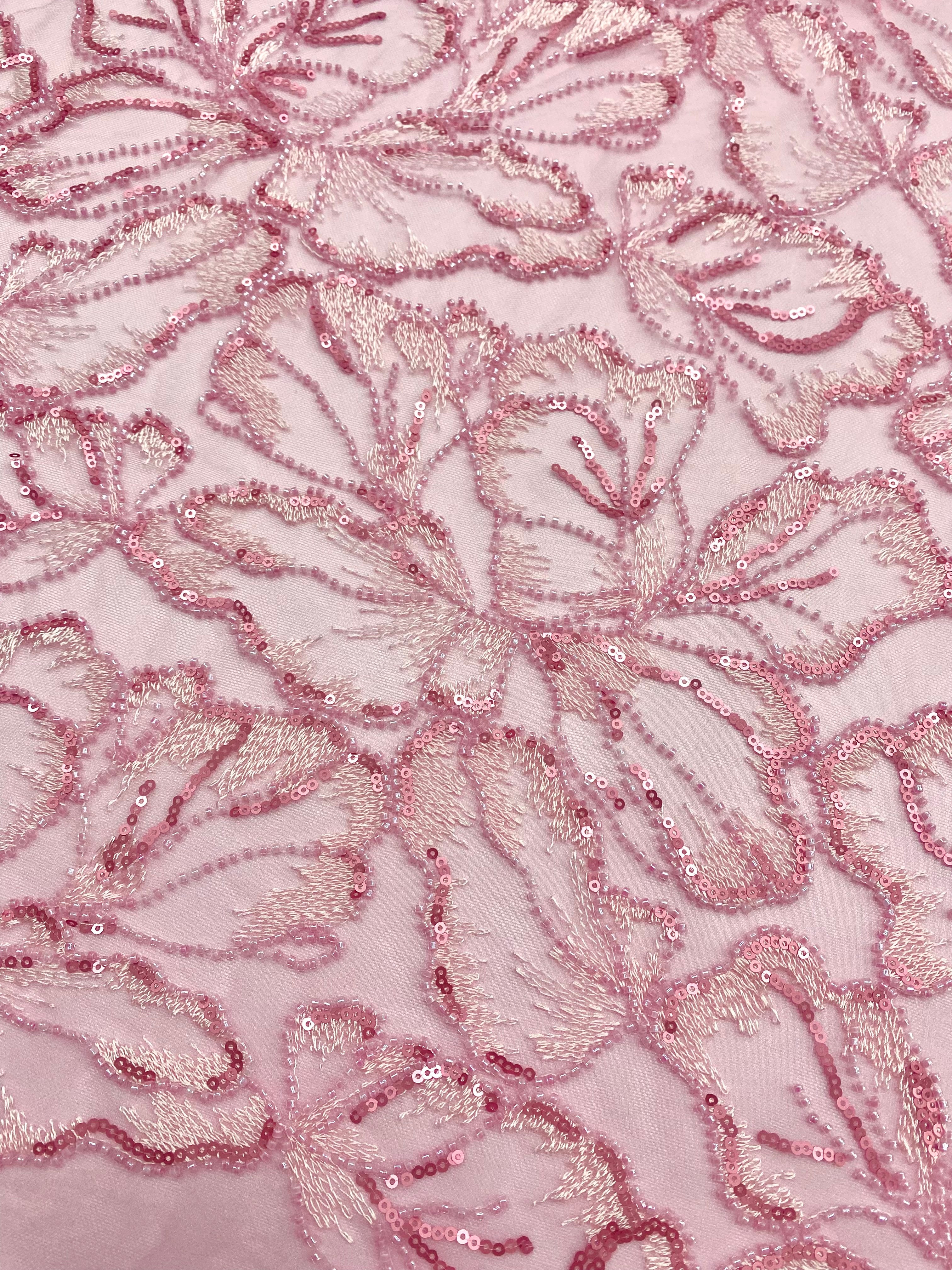 Dantela Couture Roz cu Model Floral, cu Margele si Paiete