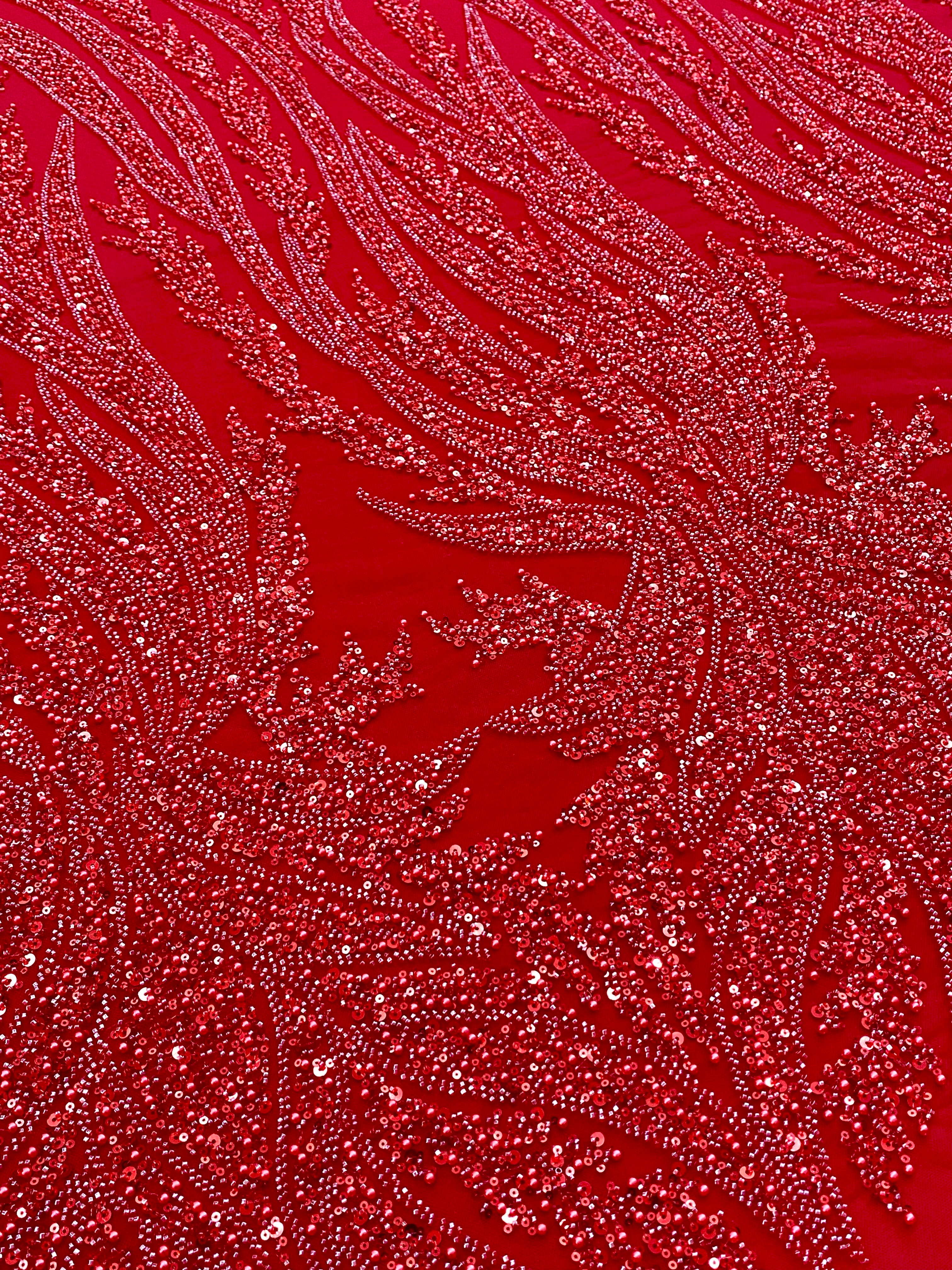 Piros Couture csipke geometriai mintával, gyöngyökkel, gyöngyöcskékkel és flitterekkel