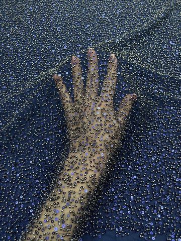 Dantela Couture Tengerészkék Általános Mintával, Gyöngyökkel és Flitterekkel