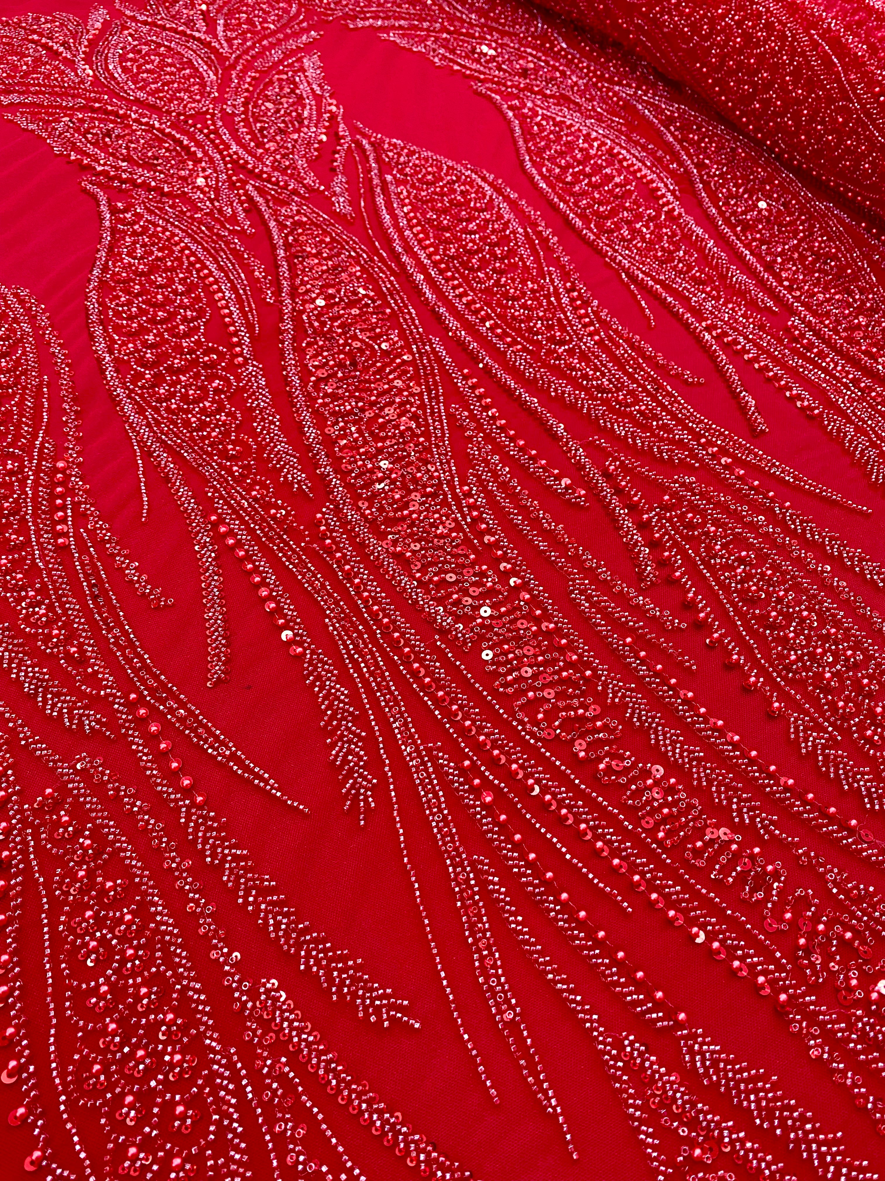 Piros Couture csipke geometriai mintával, gyöngyökkel, gyöngyöcskékkel és flitterekkel