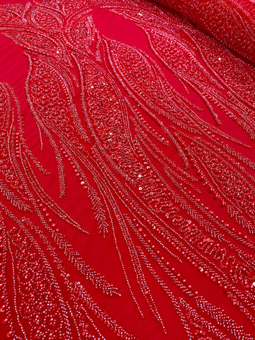 Piros Couture csipke geometriai mintával, gyöngyökkel, gyöngyöcskékkel és flitterekkel