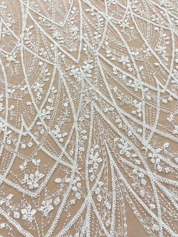 Dantela Couture Ivory cu Model Geometric, cu Perle, Margele si Paiete