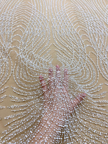 Dantela Couture Ivory cu Tulle Nude cu Panou, cu Perle, Margele si Paiete