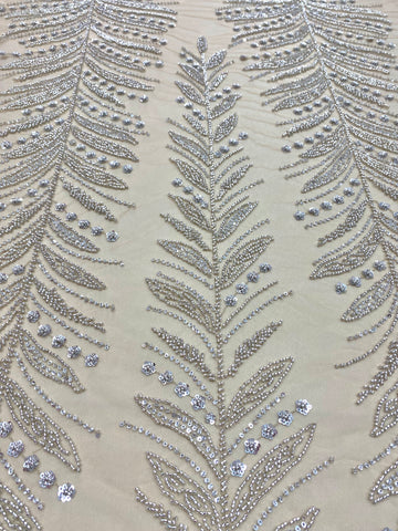 Dantela Couture Argintie cu Tulle Nude cu Crengi, cu Margele si Paiete